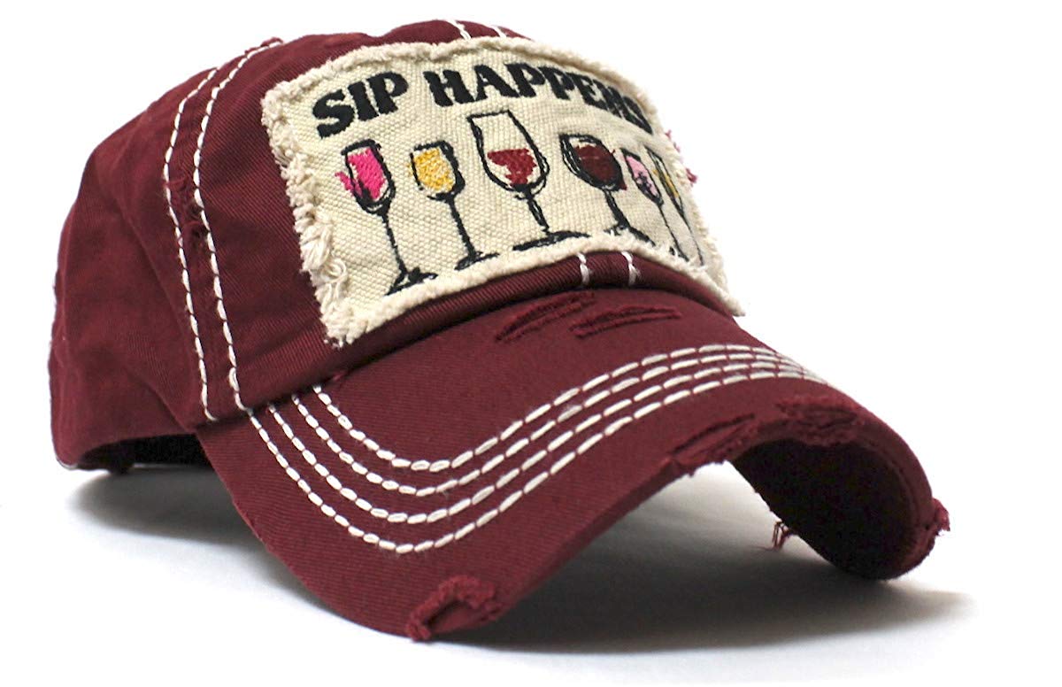 Burgundy SIP Happens Patch Embroidery Cap w/Humor Wine Glasses - Caps 'N Vintage 