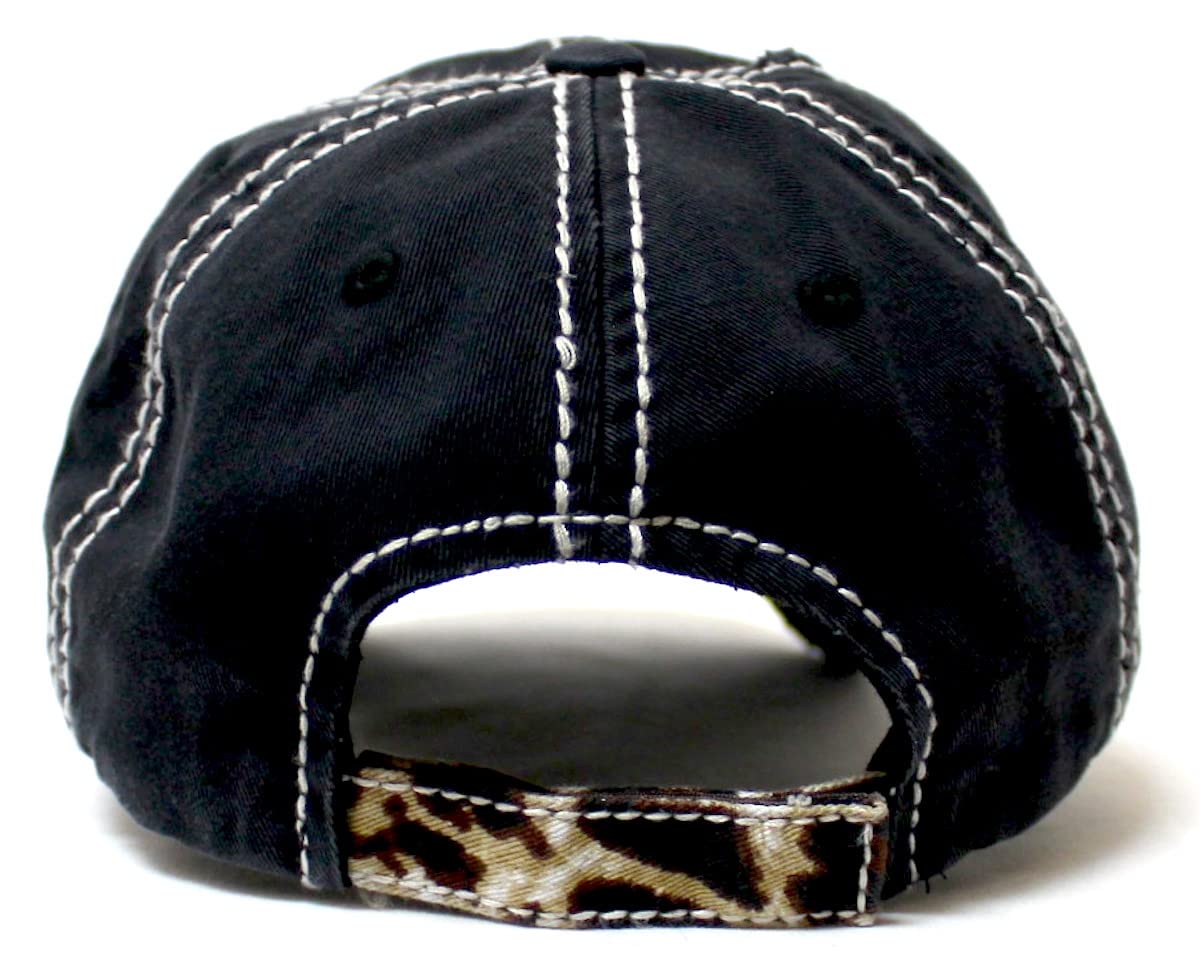 CAPS 'N VINTAGE Women's Ballcap Leopard Print Football MOM Patch Embroidery Monogram Hat, Black