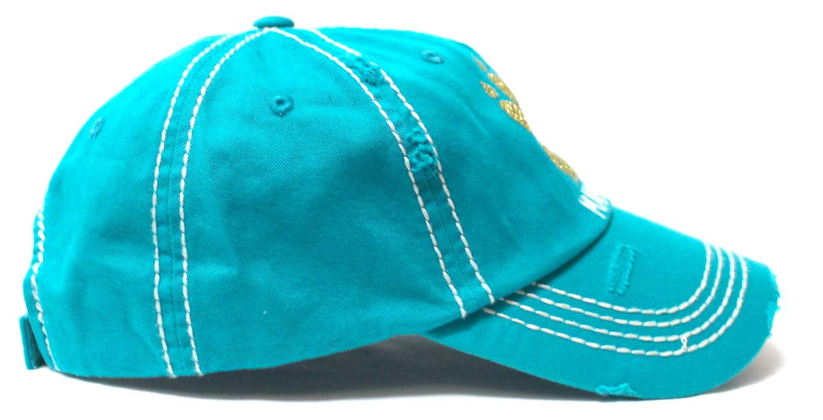 Women's Graphic Ballcap Mama Bear Gold Glitter Paw Print Heart Shape Monogram Hat, Turquoise - Caps 'N Vintage 