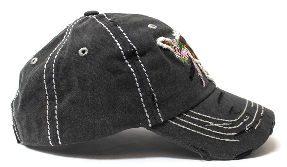 Women's Ballcap Leopard Print, Floral Cow Skull Feather Patch Embroidery Distressed Vintage Hat, Black - Caps 'N Vintage 