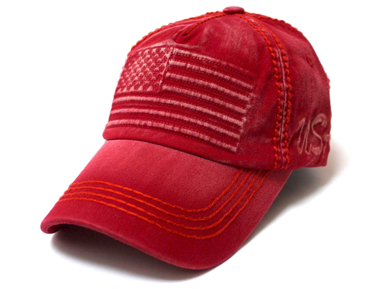 Classic Low Profile USA Flag Embroidery Ball Cap, Washed Vintage Red - Caps 'N Vintage 