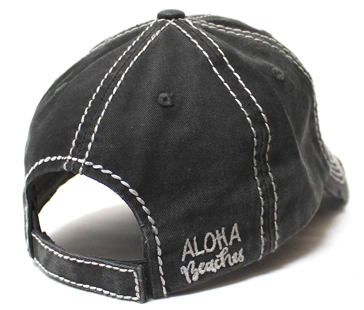 Aloha Beaches Patch Embroidery Distressed Baseball Hat, Vintage Black - Caps 'N Vintage 