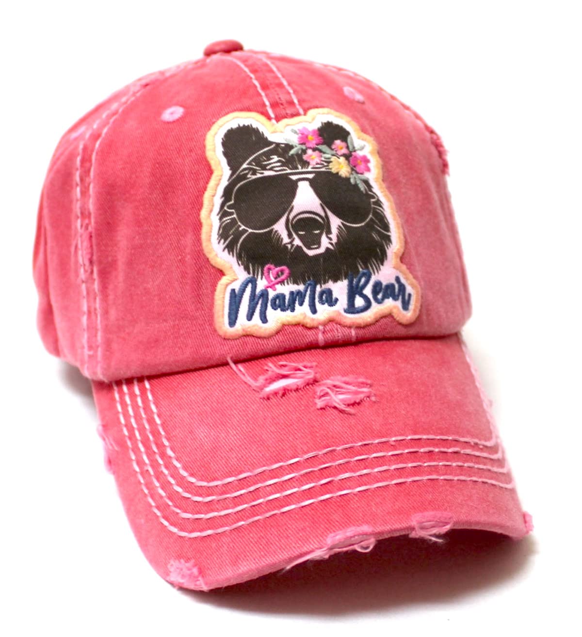 Womens Floral Monogram Cap Mama Bear Patch Embroidery Distressed Hat