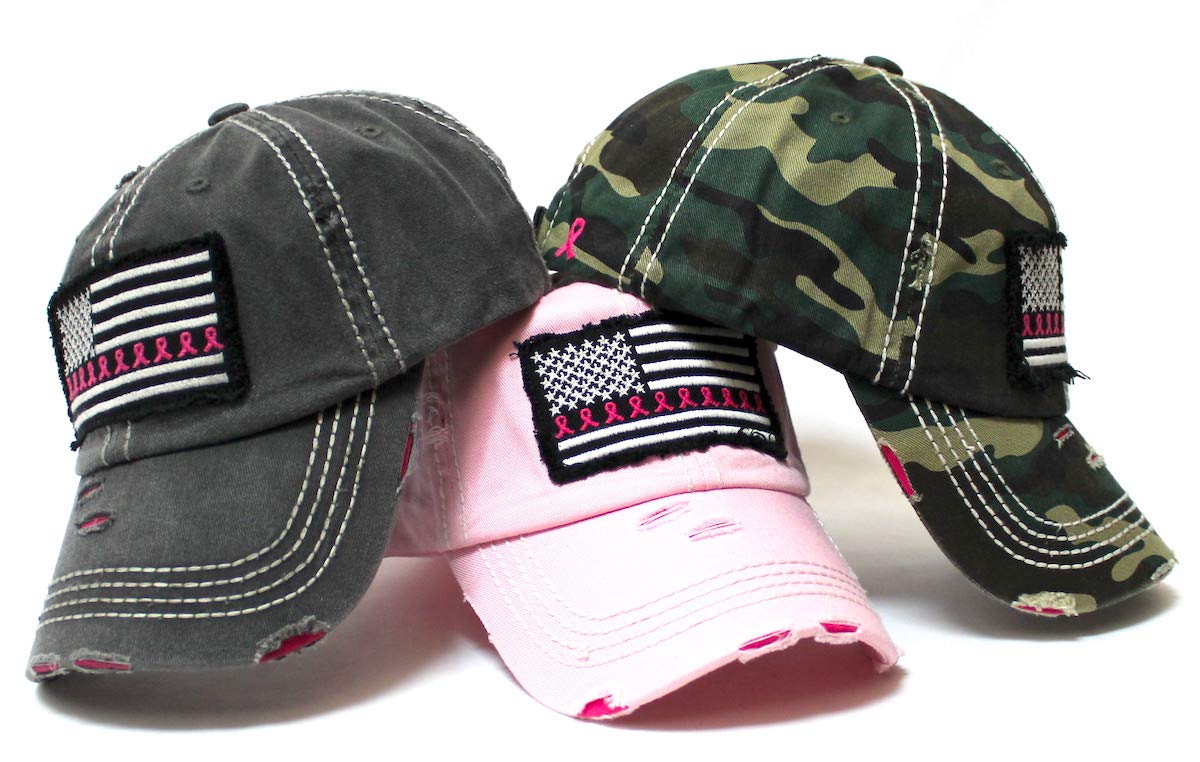 CAPS 'N VINTAGE Women's Breast Cancer Awareness Baseball Cap American Flag, Pink Ribbons Patch Embroidery Monogram Hat, Army Camo