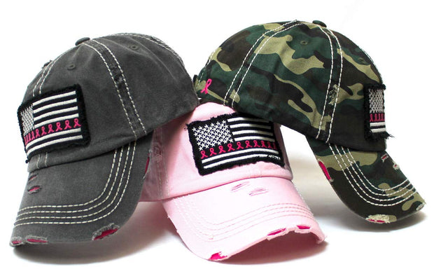 Women's Breast Cancer Awareness Baseball Cap American Flag, Pink Ribbons Patch Embroidery Monogram Hat, Vintage Black