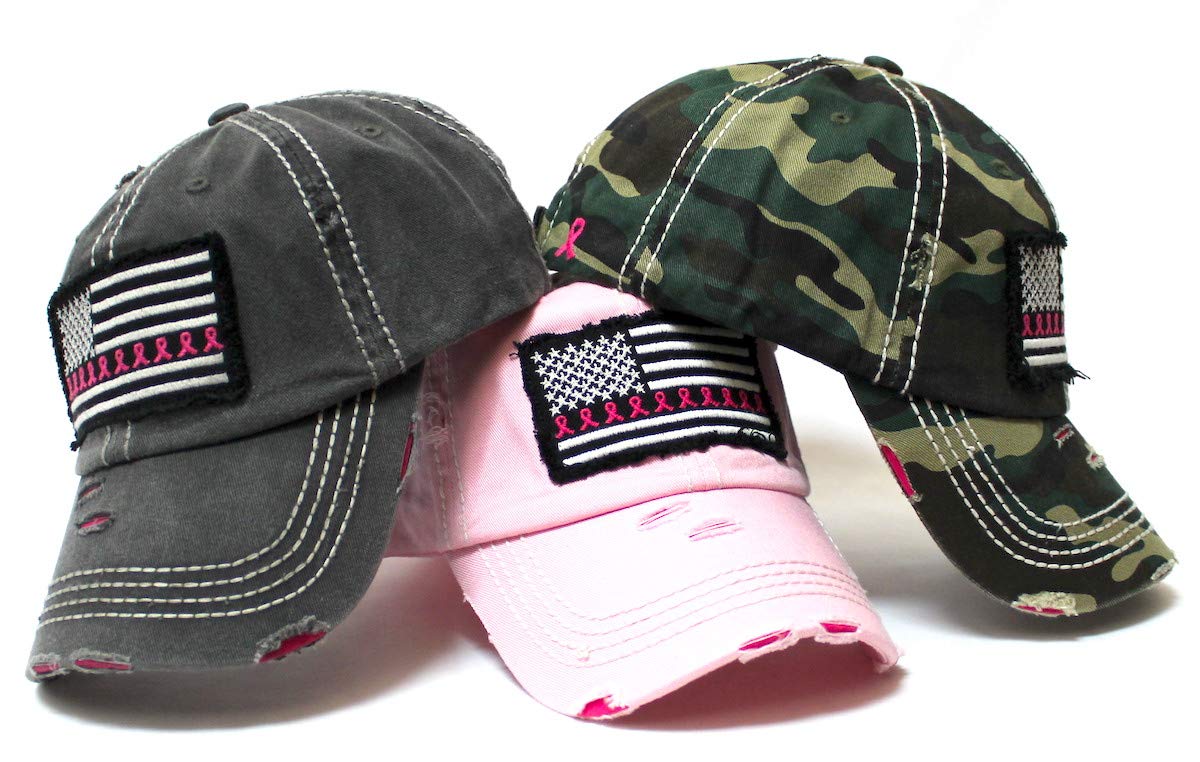 Women's Breast Cancer Awareness Baseball Cap American Flag, Pink Ribbons Patch Embroidery Monogram Hat, Vintage Black