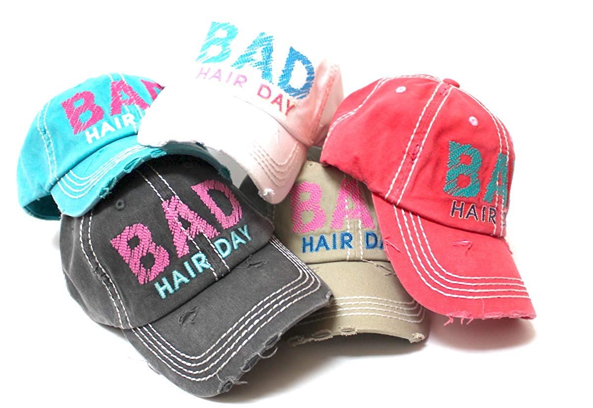 Bad Hair Day Stitch Embroidery Distressed Baseball Hat, Khaki - Caps 'N Vintage 