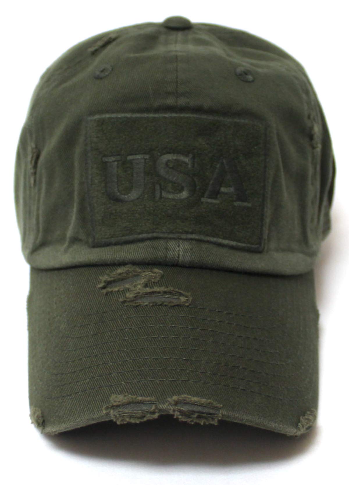CAPS 'N VINTAGE Distressed USA American Flag Monogram Embroidery Adjustable Hat, Washed Army Green - Caps 'N Vintage 