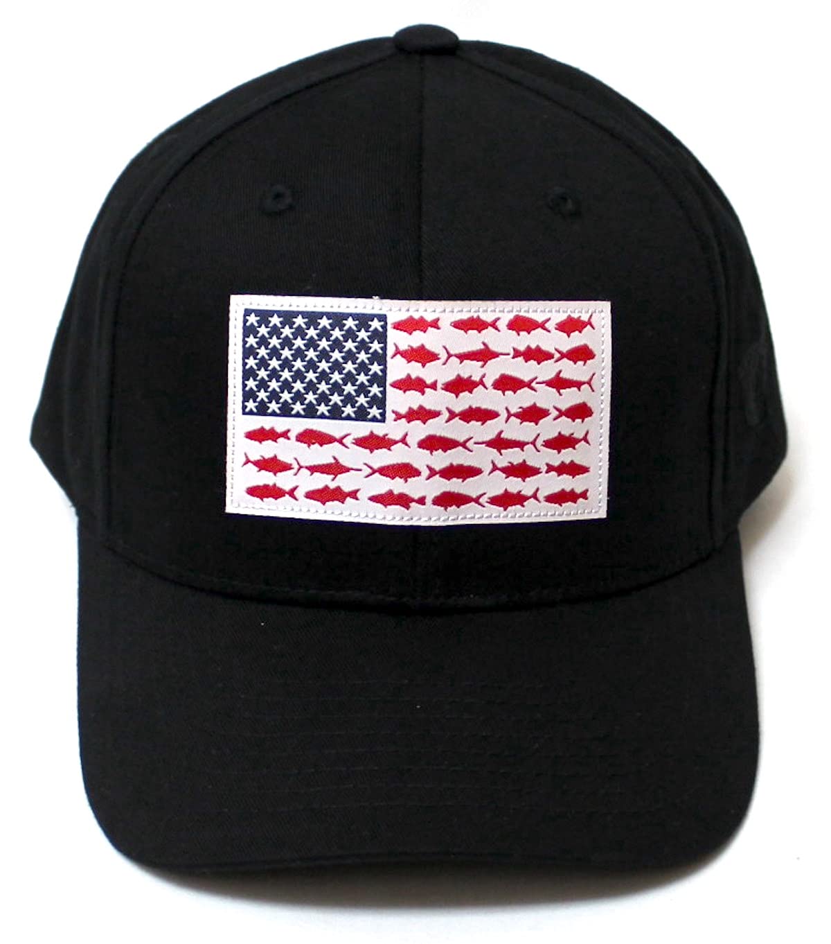 Unisex Fishing Ballcap American Flag Patch Embroidery Red Fish Monogram Detail, Black