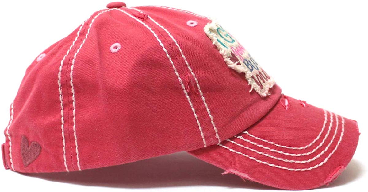 Women's Distressed Ballcap I Gotta Good Heart but This Mouth Hearts, Kisses Patch Embroidery Hat, Coral Rose - Caps 'N Vintage 