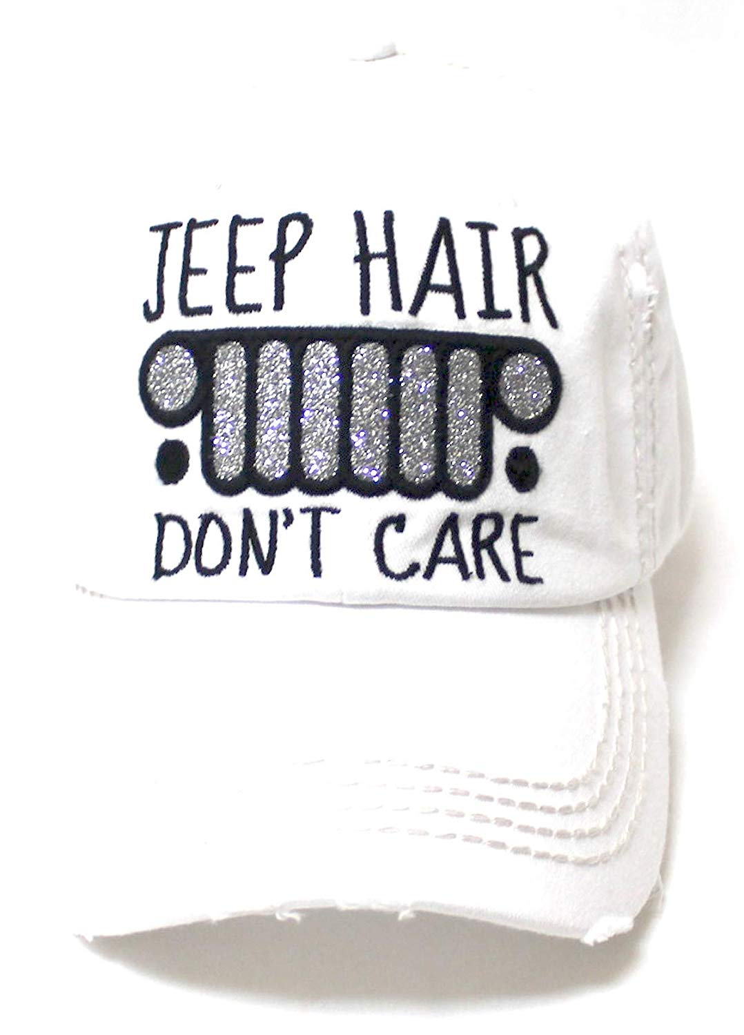Women's Ballcap Jeep Hair Don't Care Glitter Monogram Vintage Hat, Titanium White - Caps 'N Vintage 