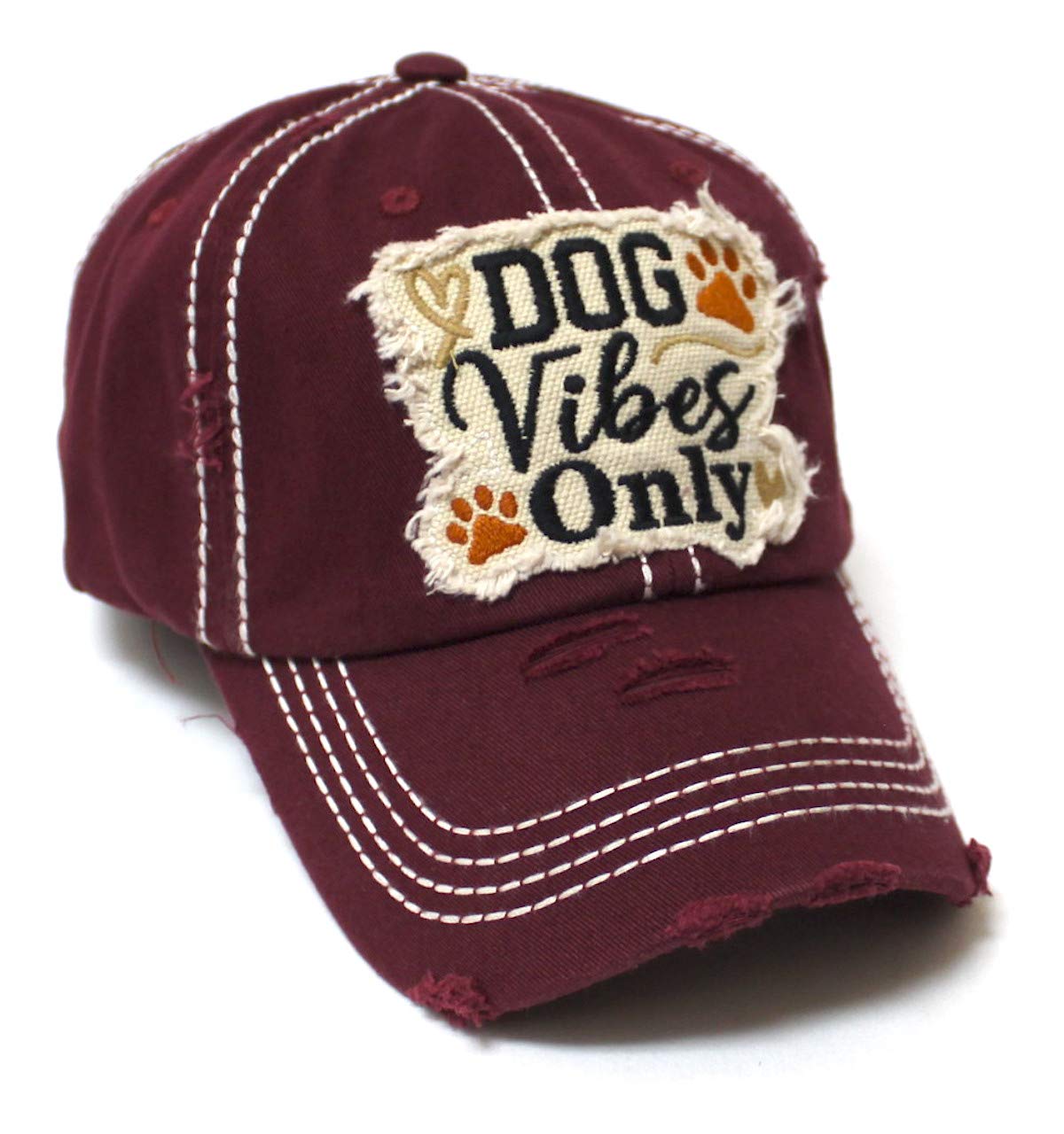 Classic Distressed Adjustable Baseball Cap Dog Vibes Only Hearts, Paws & Bone Monogram Hat, Wine Burgundy - Caps 'N Vintage 