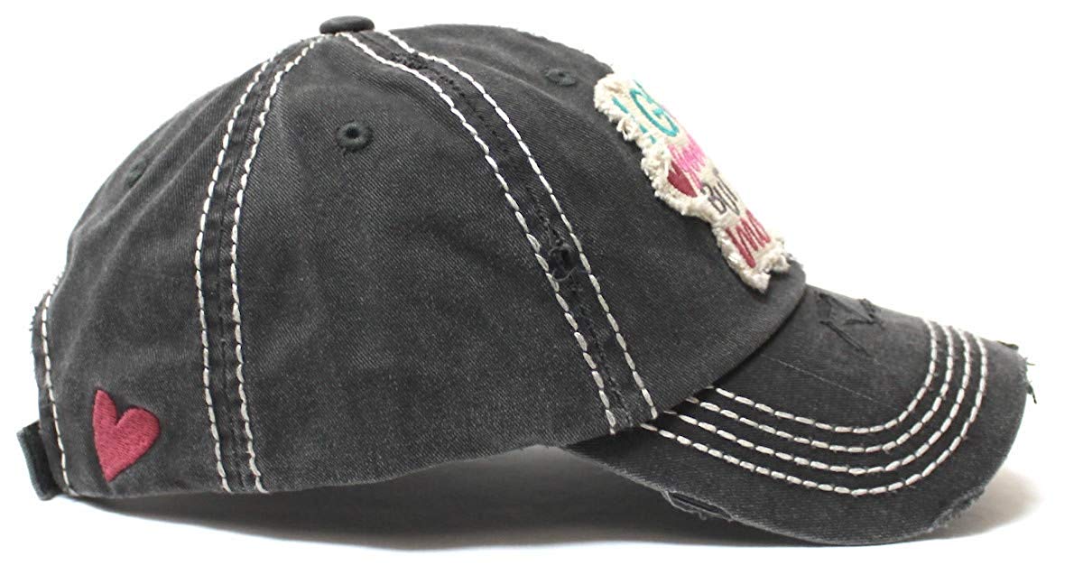 Women's Distressed Ballcap I Gotta Good Heart but This Mouth Hearts, Kisses Patch Embroidery Hat, Vintage Black - Caps 'N Vintage 