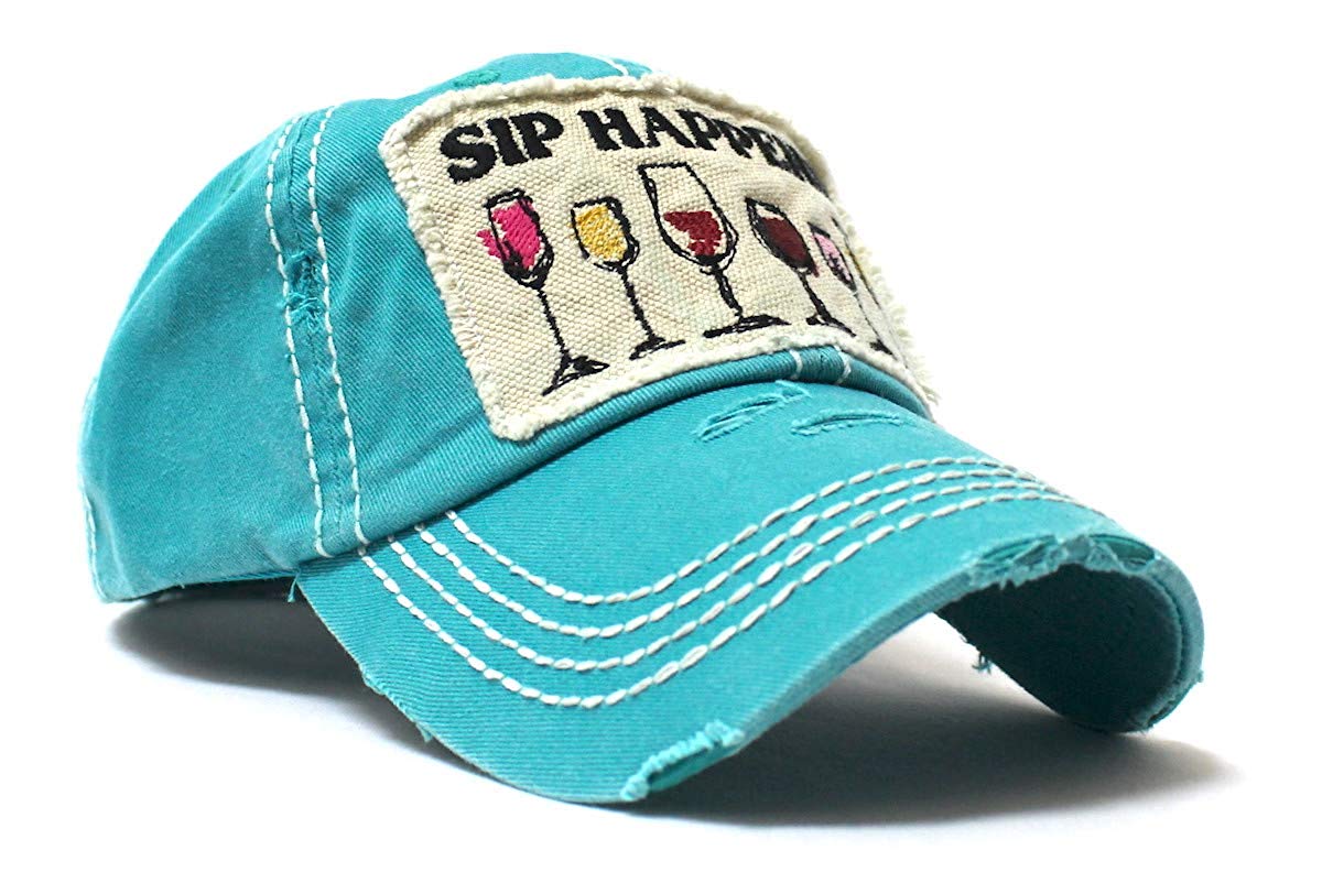 Turquoise SIP Happens Patch Embroidery Cap w/Humor Wine Glasses - Caps 'N Vintage 