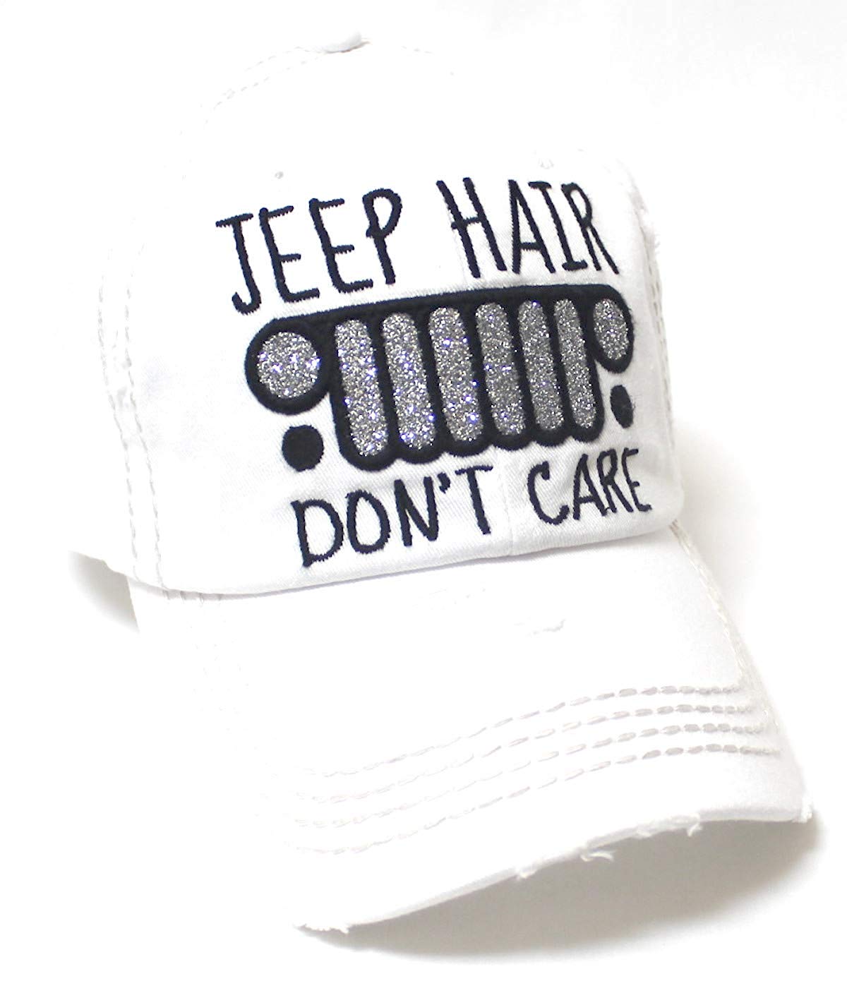 Women's Ballcap Jeep Hair Don't Care Glitter Monogram Vintage Hat, Titanium White - Caps 'N Vintage 