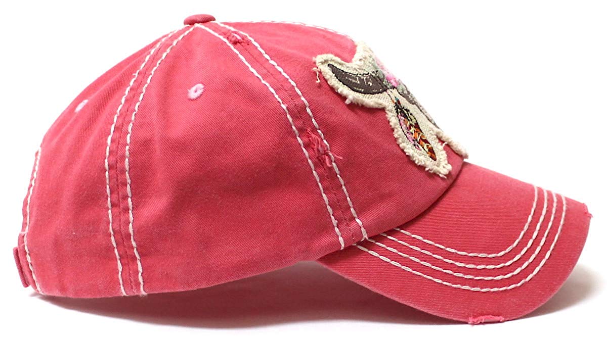 Women's Floral Cow Skull Patch Embroidery Vintage Baseball Hat, Rose Pink - Caps 'N Vintage 