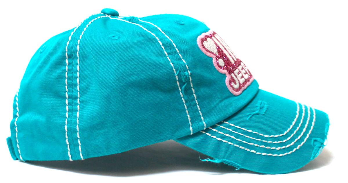 Women's Ballcap Jeep Girl Glitter, Hearts Monogram Patch Embroidery Adjustable Hat, California Blue - Caps 'N Vintage 