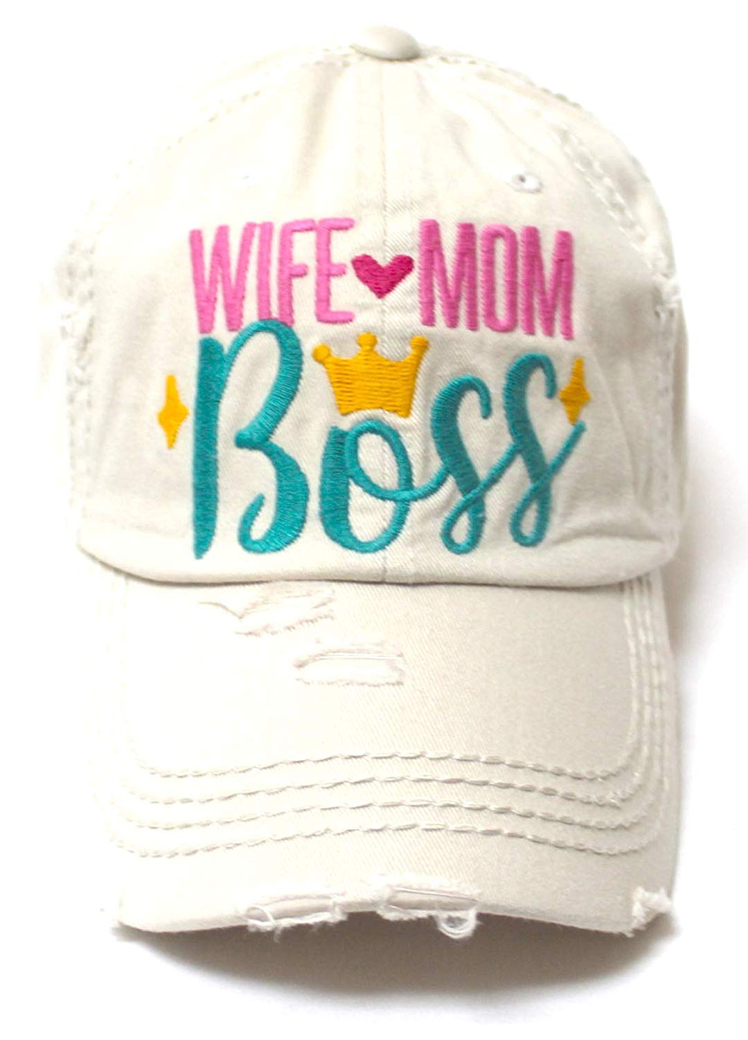 Women's Ballcap Wife Mom Boss Queen Crown Embroidery Hat, Stone - Caps 'N Vintage 