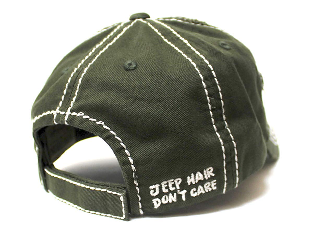 Ladies Bow-Tie Jeep Hair Don't Care Monogram Cheer Baseball Hat, Dark Olive - Caps 'N Vintage 