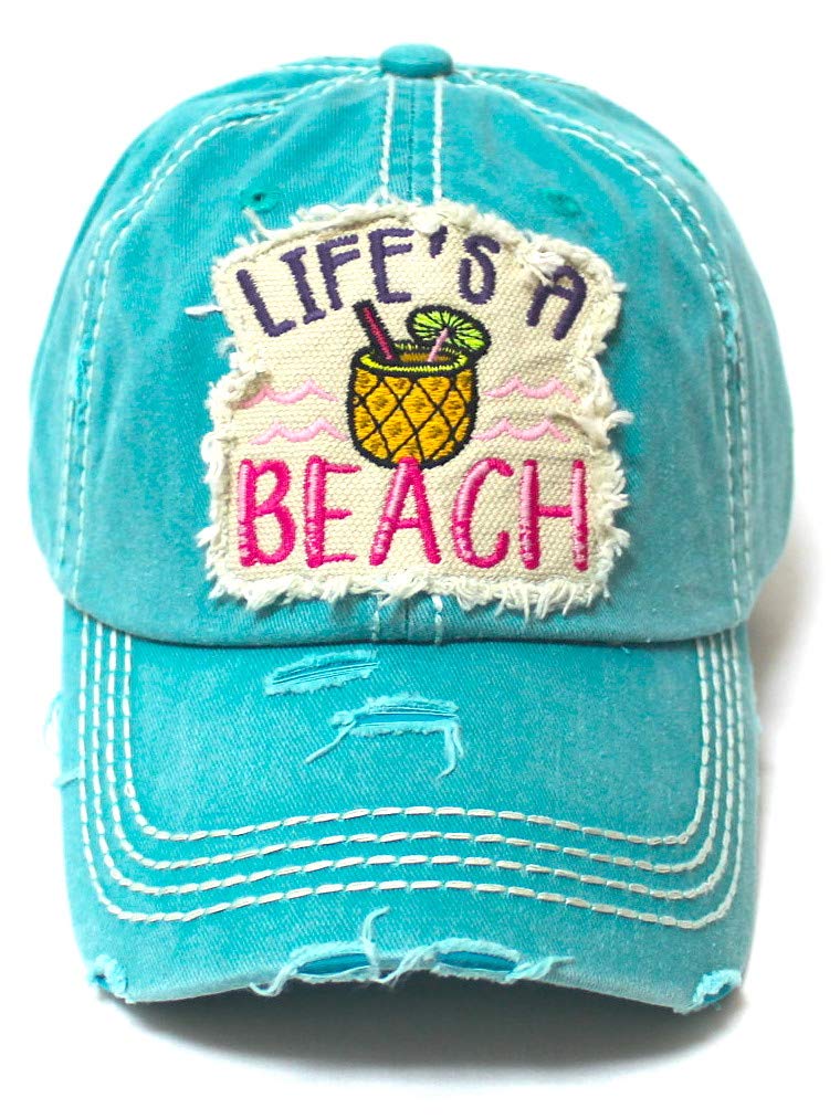 Women's Distressed Summer Cap Life's a Beach Aloha Pineapple Spirit Patch Embroidery Monogram Hat, Ocean Blue - Caps 'N Vintage 