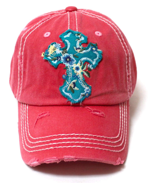 Women's Baseball Cap Romantic Floral Cross Embroidery Patch Monogram Adjustable Hat, Rose Pink