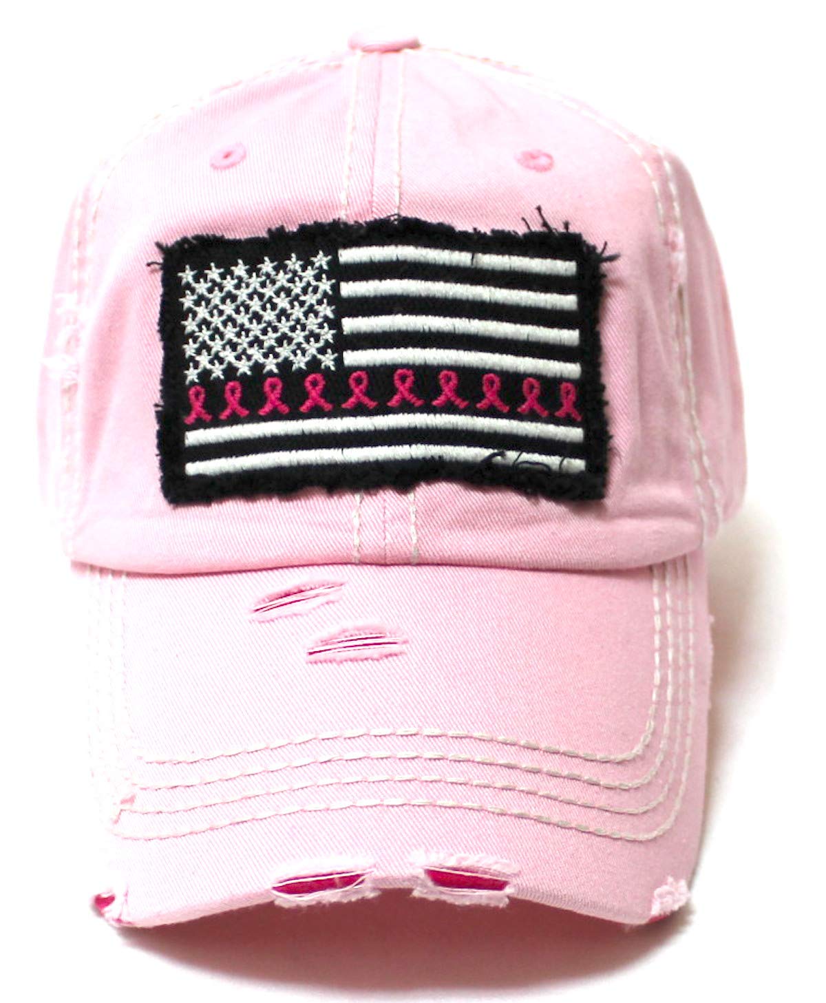 Women's Breast Cancer Awareness Baseball Cap American Flag, Pink Ribbons Patch Embroidery Monogram Hat, Pretty in Pink - Caps 'N Vintage 
