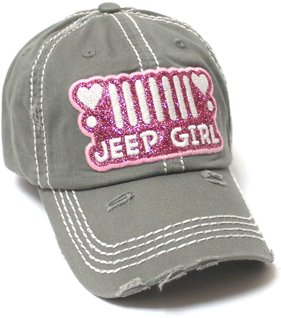 Women's Ballcap Jeep Girl Pink Glitter, Hearts Patch Embroidery Hat, Silver Mist Grey - Caps 'N Vintage 