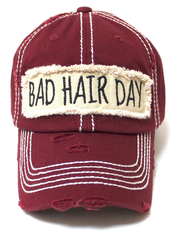 Women's Hat Bad Hair Day Embroidery Patch on Distressed Cap, Vintage Cabernet - Caps 'N Vintage 