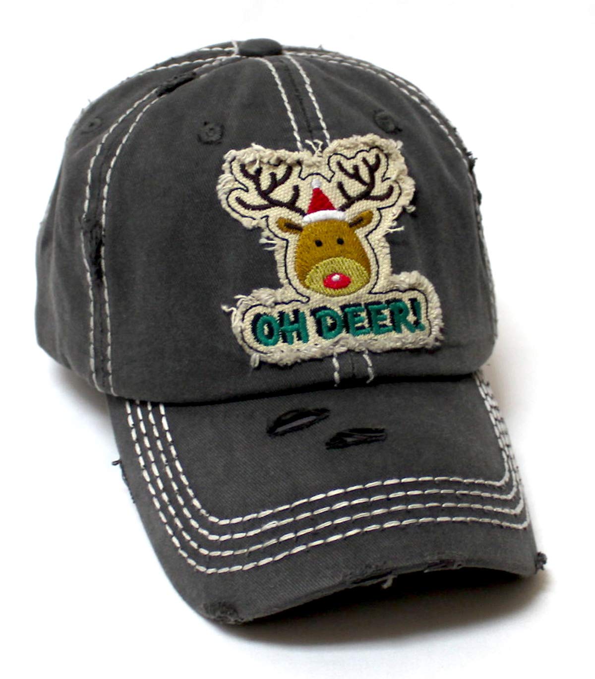 Women's Christmas Baseball Cap Oh Deer! Winter Reindeer w/Santa Claus Hat Patch Embroidery Monogram Hat, Vintage Holiday Black