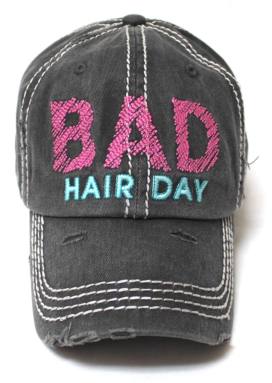 CAPS 'N VINTAGE Bad Hair Day Stitch Embroidery Distressed Baseball Hat, Charcoal Black - Caps 'N Vintage 