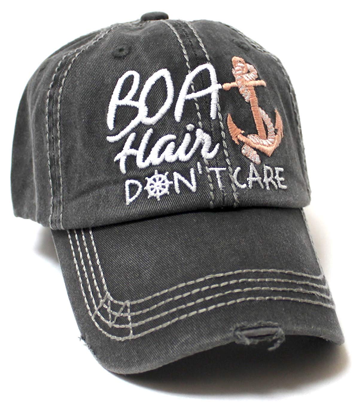 Beach Accessory Boat Hair Don't Care Monogram Baseball Hat, Vintage Black - Caps 'N Vintage 