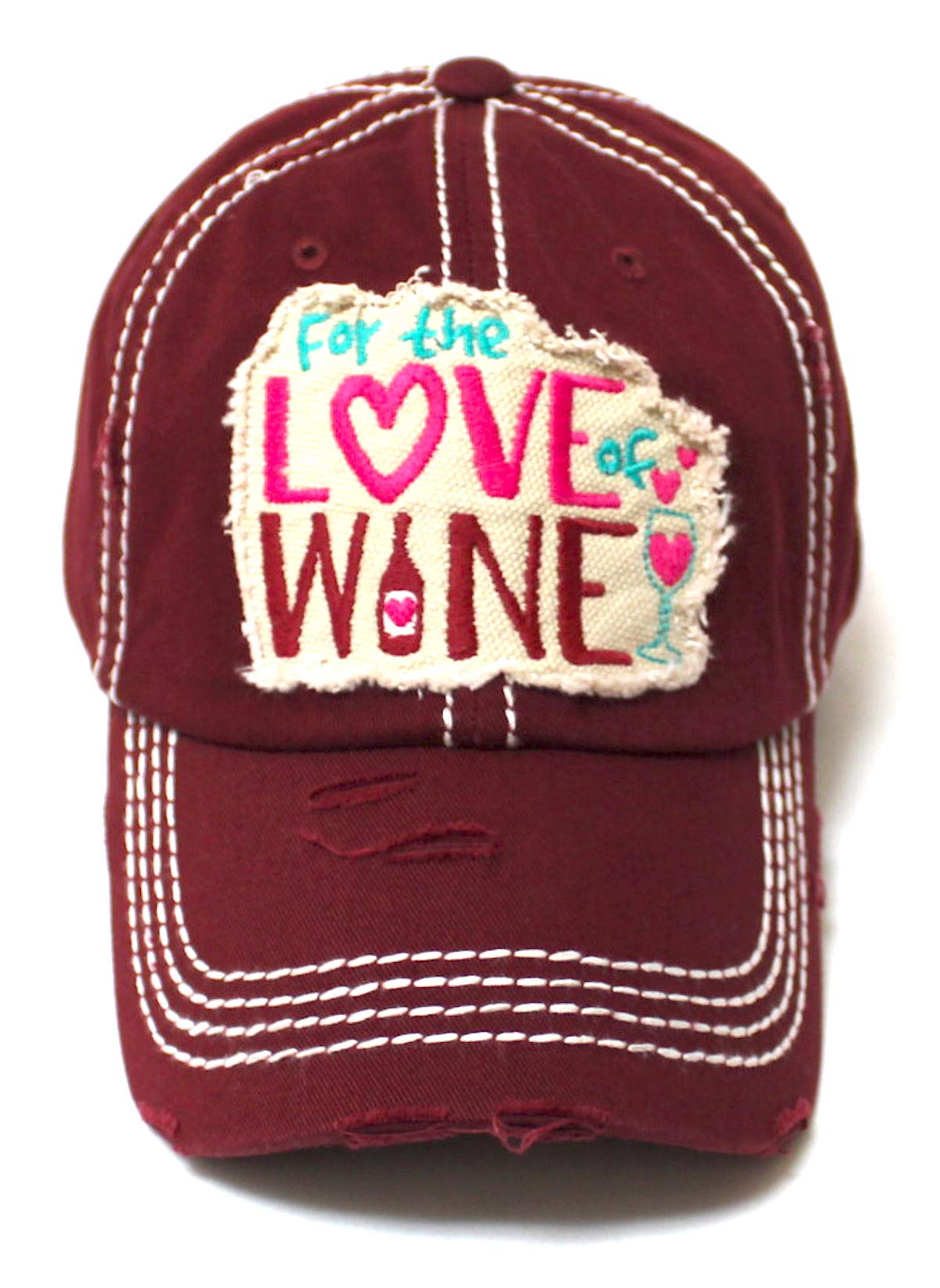 Women's Baseball Cap for The Love of Wine Patch Embroidery Hearts & Bubbles Monogram Hat, Vintage Burgundy - Caps 'N Vintage 