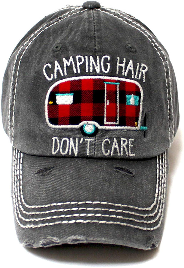 Camping Hair Don't Care Distressed Ballcap, Buffalo Plaid Patterned Truck Embroidery Adjustable Hat, Vintage Black - Caps 'N Vintage 