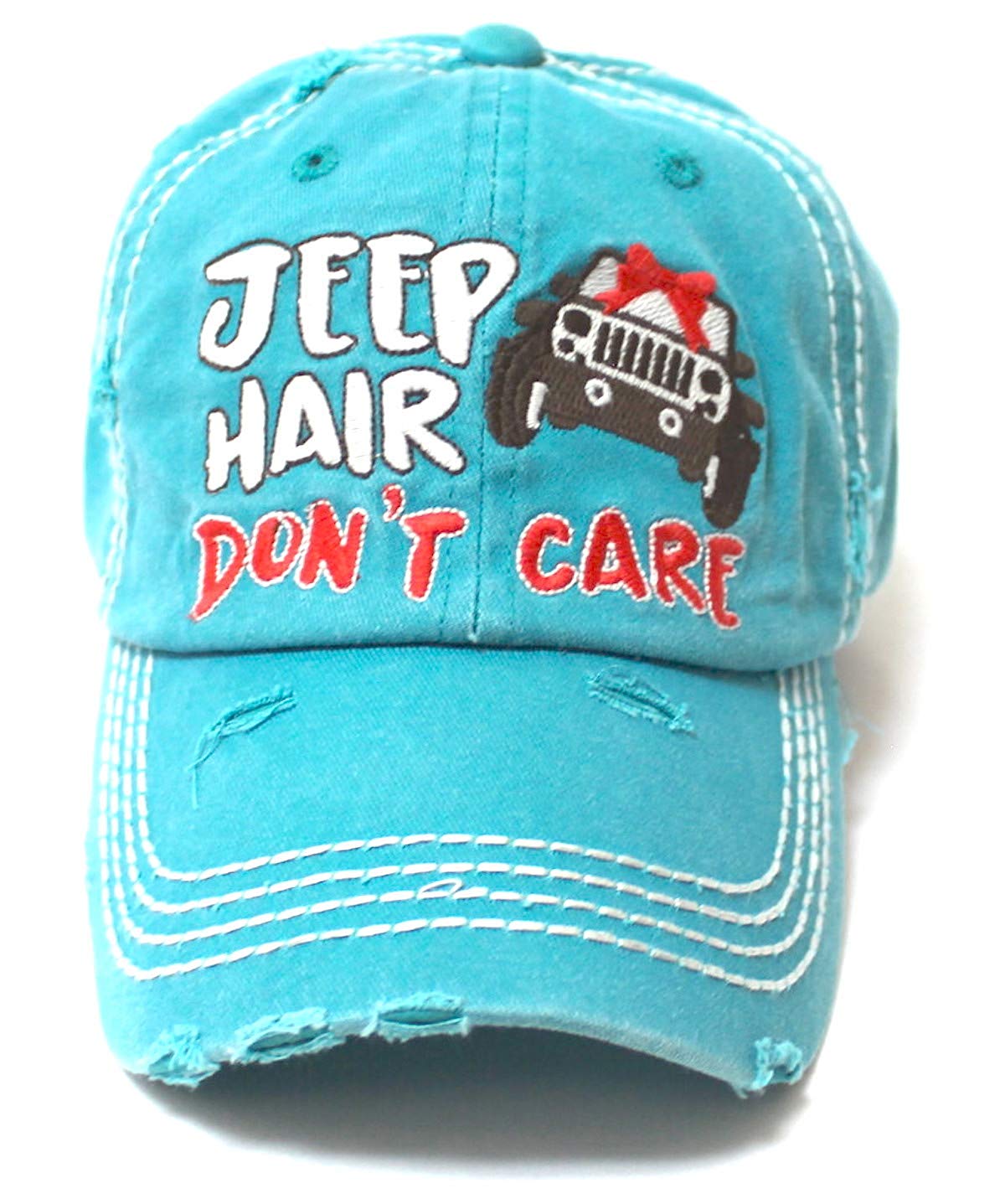 Ladies Bow-Tie Jeep Hair Don't Care Monogram Cheer Baseball Hat, Turquoise Blue - Caps 'N Vintage 