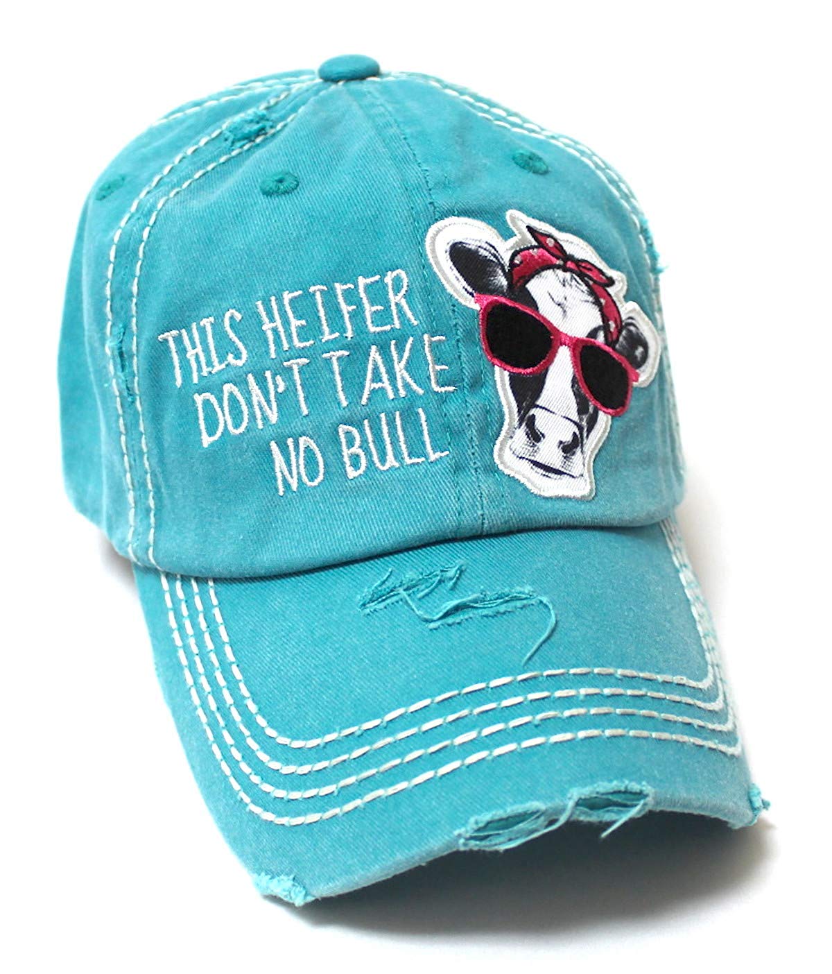 Country Humor Cap This Heifer Don't TAKE NO Bull Red Western Bandana Cow Patch Baseball Hat, Turquoise - Caps 'N Vintage 