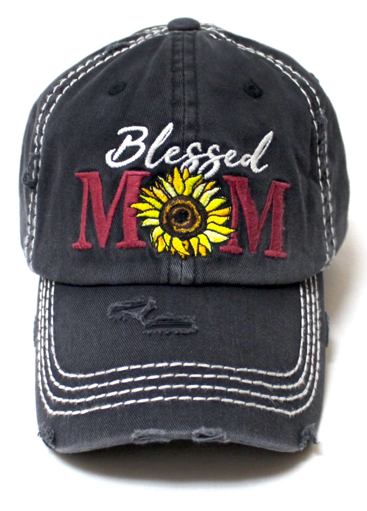 CAPS 'N VINTAGE Womens Embroidery Cap Blessed MOM Sunflower Monogram Distressed Hat