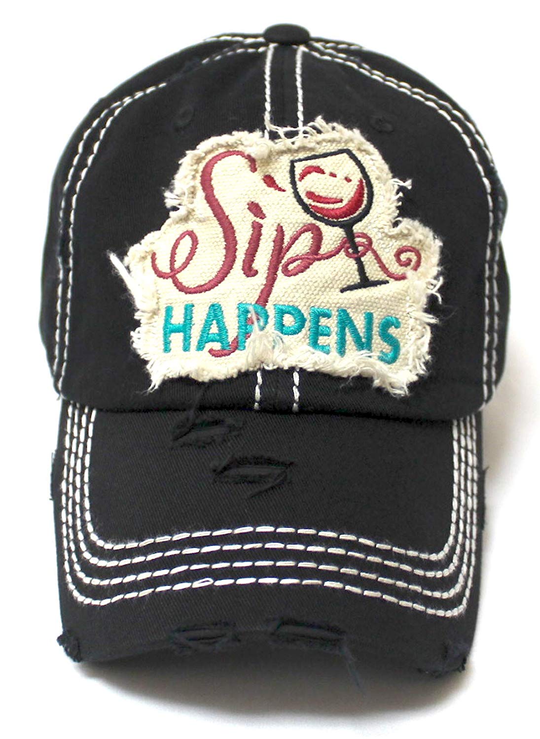 CAPS 'N VINTAGE Women's Baseball Cap Wine Glass Sip Happens Monogram Embroidery Hat, Black - Caps 'N Vintage 