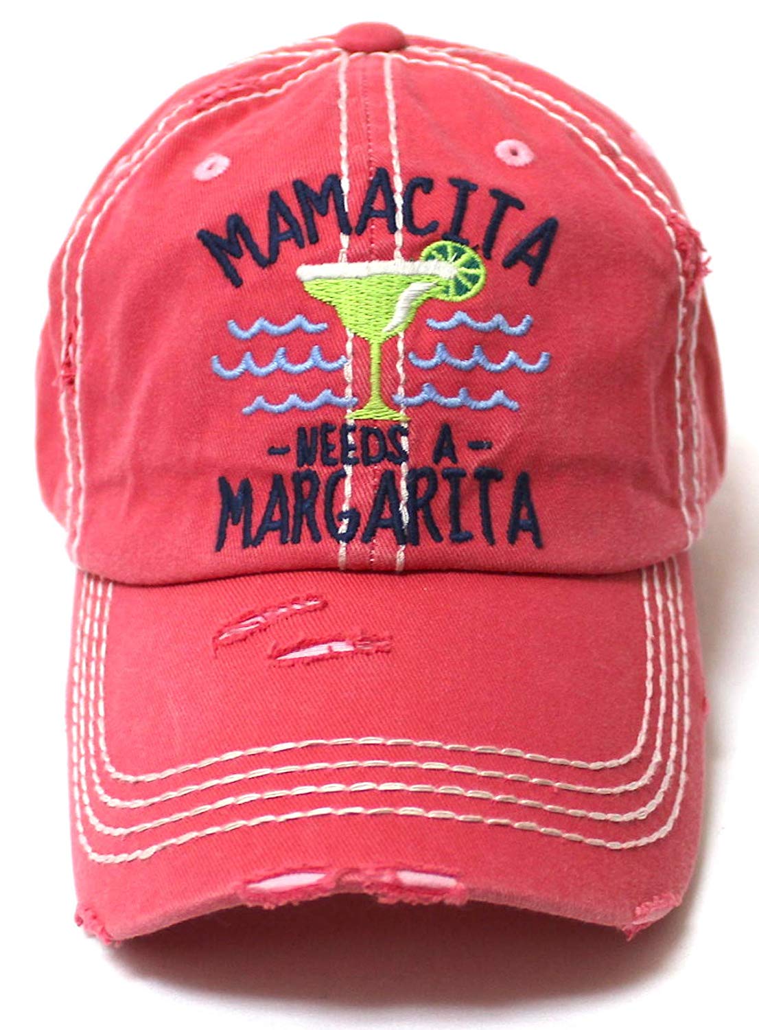 Women's Beach Cap Mamacita Needs A Margarita Monogram Hat, Coral Pink - Caps 'N Vintage 