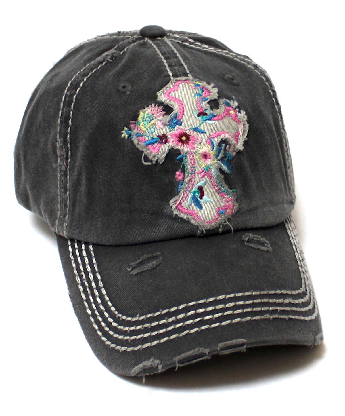 Women's Baseball Cap Romantic Floral Cross Embroidery Patch Monogram Adjustable Hat, Vintage Beach Black