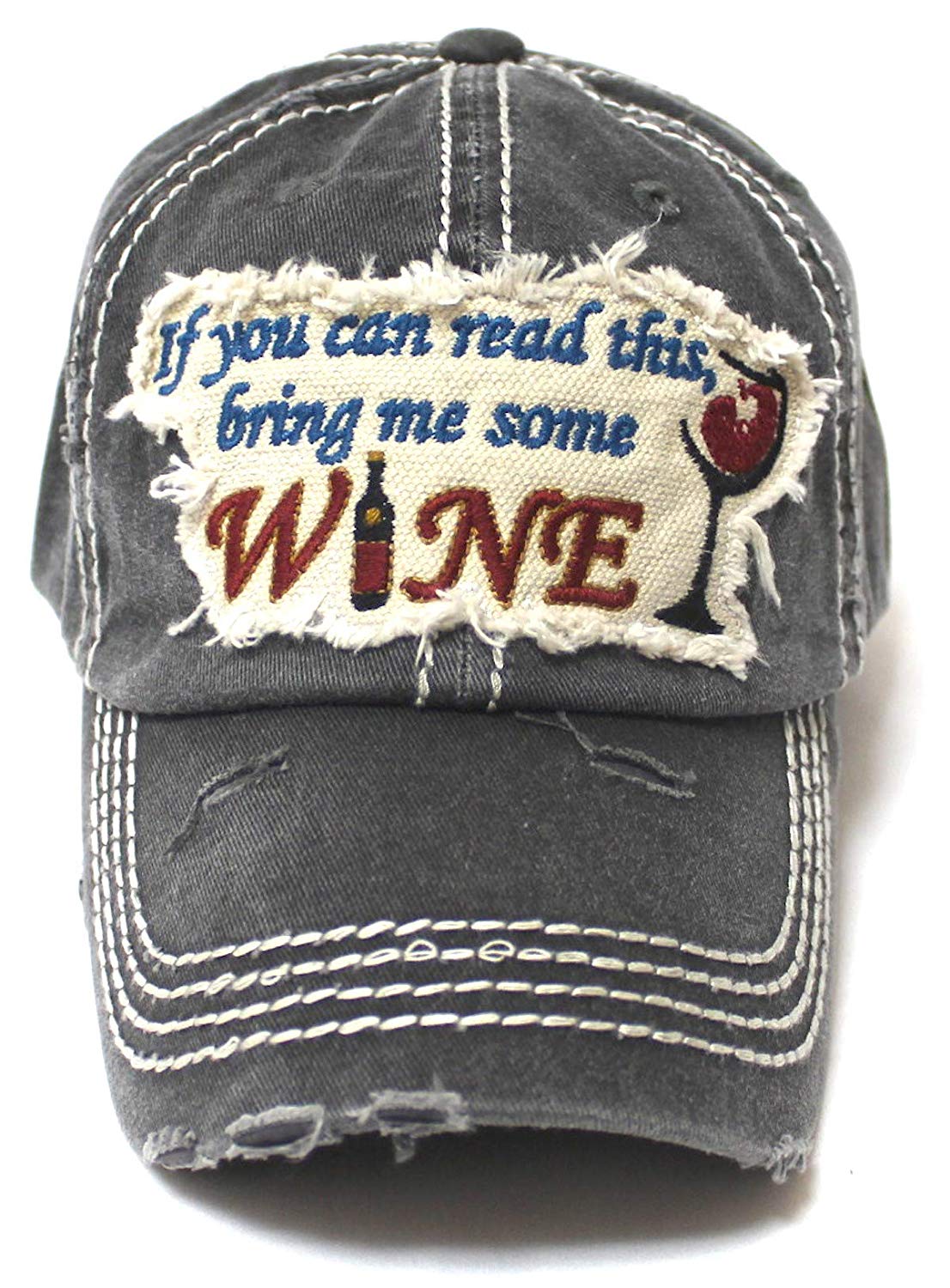 Women's Ballcap Bring Me Some Wine Patch Embroidery Hat, Vintage Black - Caps 'N Vintage 