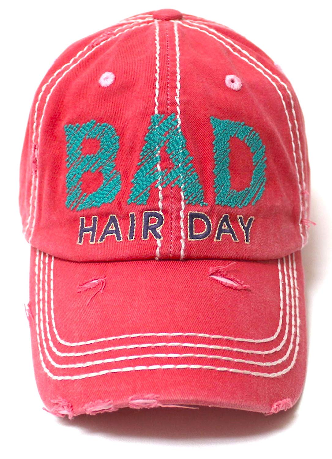 Women's Classic Ball Cap Bad Hair Day Stitch Embroidery Distressed Beach Hat, Coral Pink - Caps 'N Vintage 
