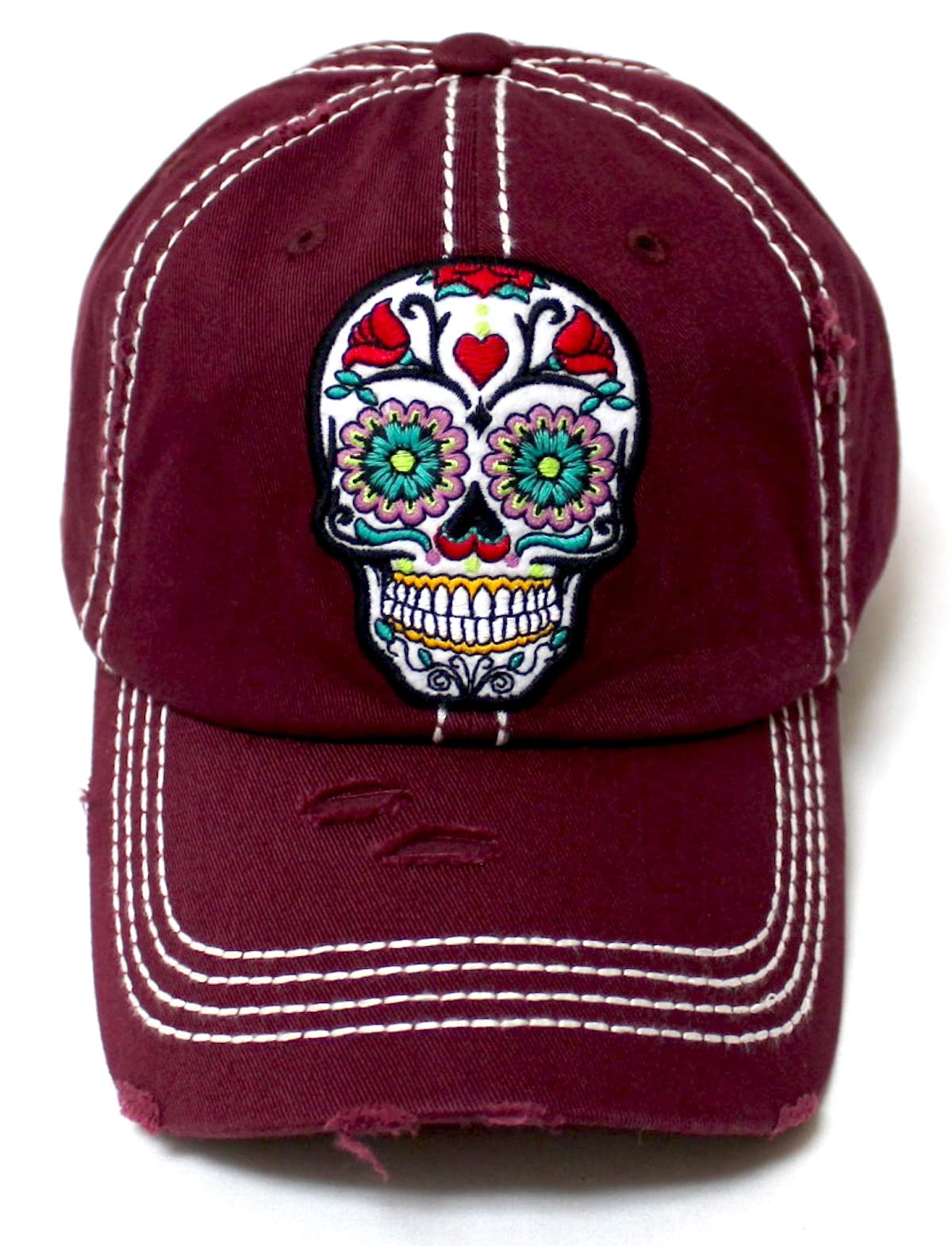 Women's Vintage Hat Sugar Skull Monogram Patch Embroidery Baseball Cap, Burgundy
