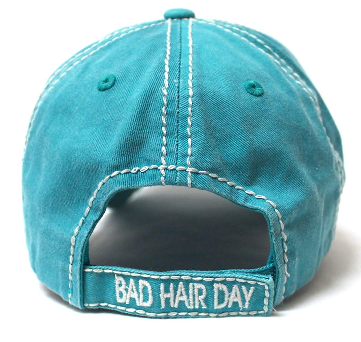 Bad Hair Day Stitch Embroidery Distressed Baseball Hat, Turquoise Blue - Caps 'N Vintage 
