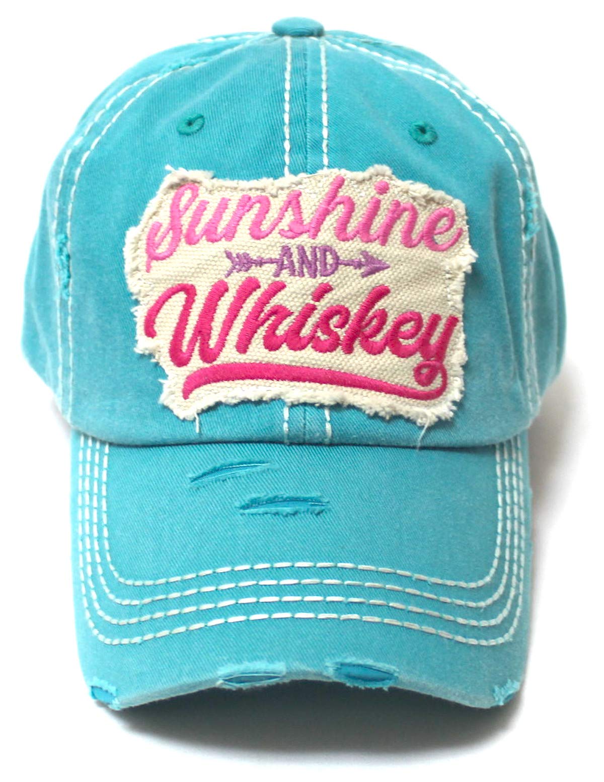 Women's Casual Ballcap Sunshine & Whiskey Tribal Arrow Patch Embroidery Monogram Hat, Turquoise w/Pink - Caps 'N Vintage 
