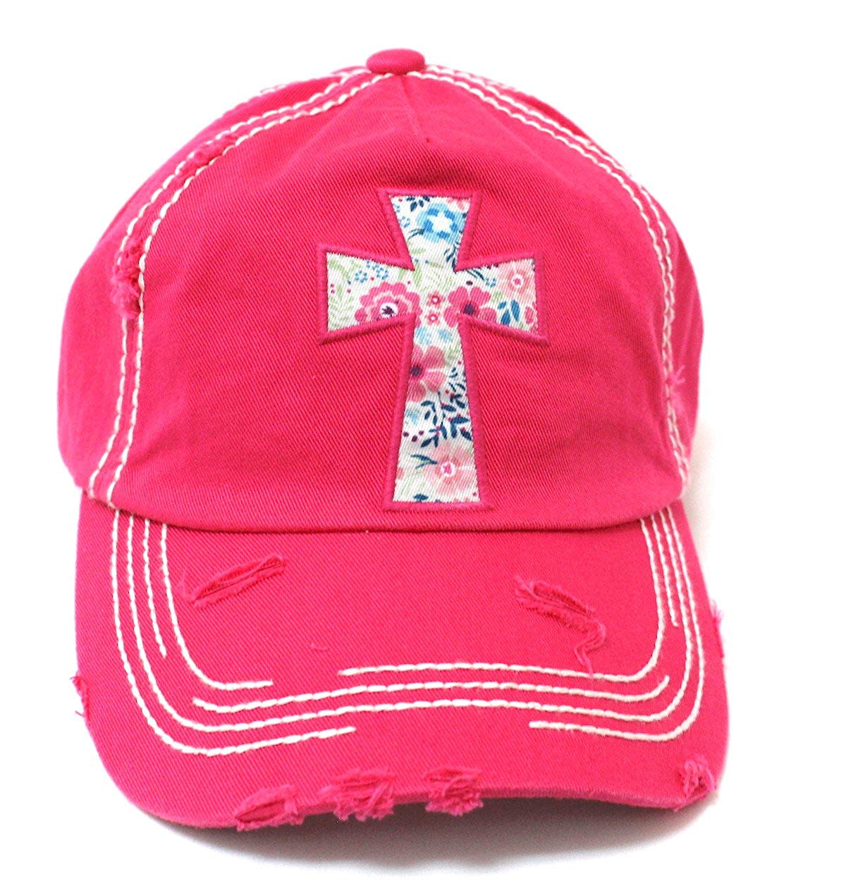 HOT Pink Floral Pattern Cross Cap - Caps 'N Vintage 