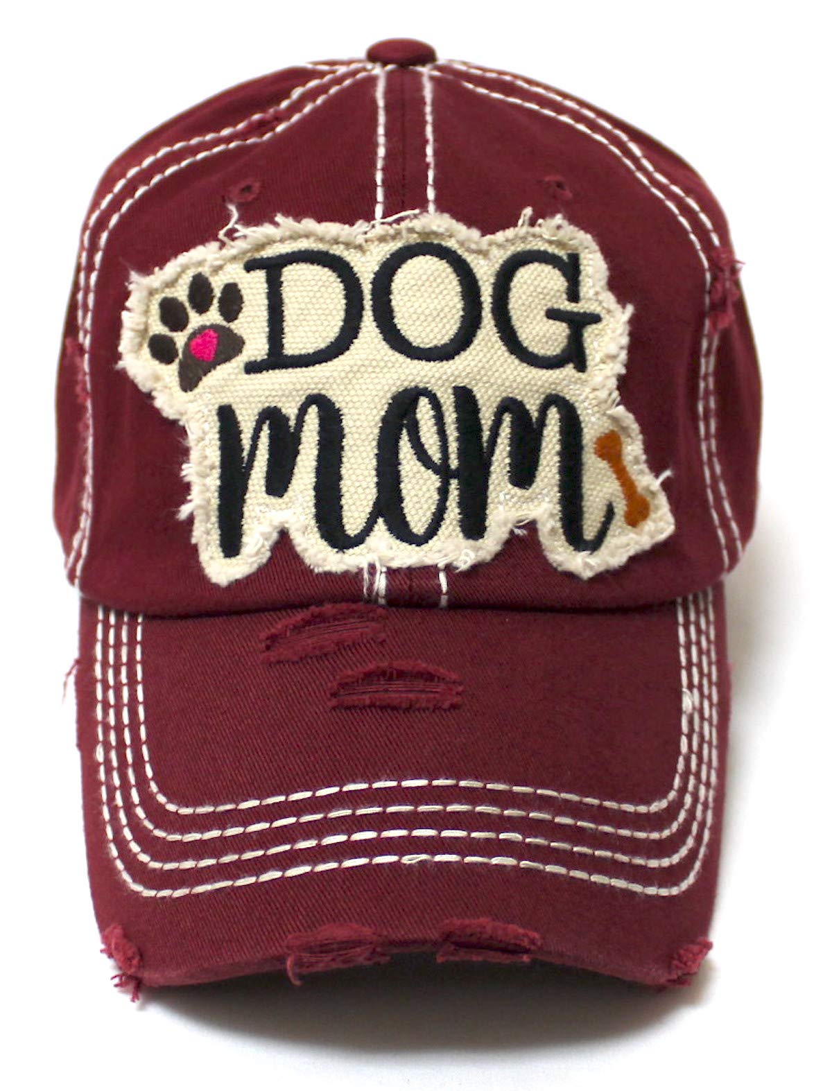 Women's Distressed Ballcap Dog Mom Puppy Love Patch Embroidery Hat, Wine Burgundy - Caps 'N Vintage 