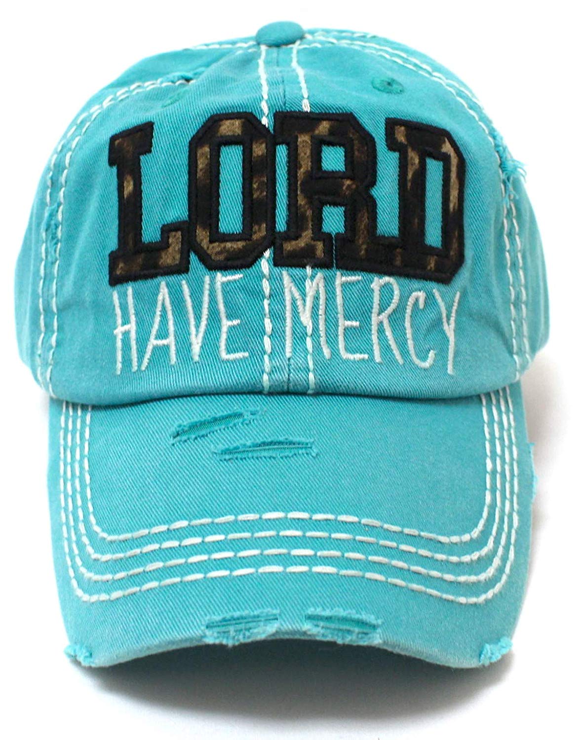 CAPS 'N VINTAGE Women's Hat Lord Have Mercy Leopard Embroidery Cap, Turquoise - Caps 'N Vintage 