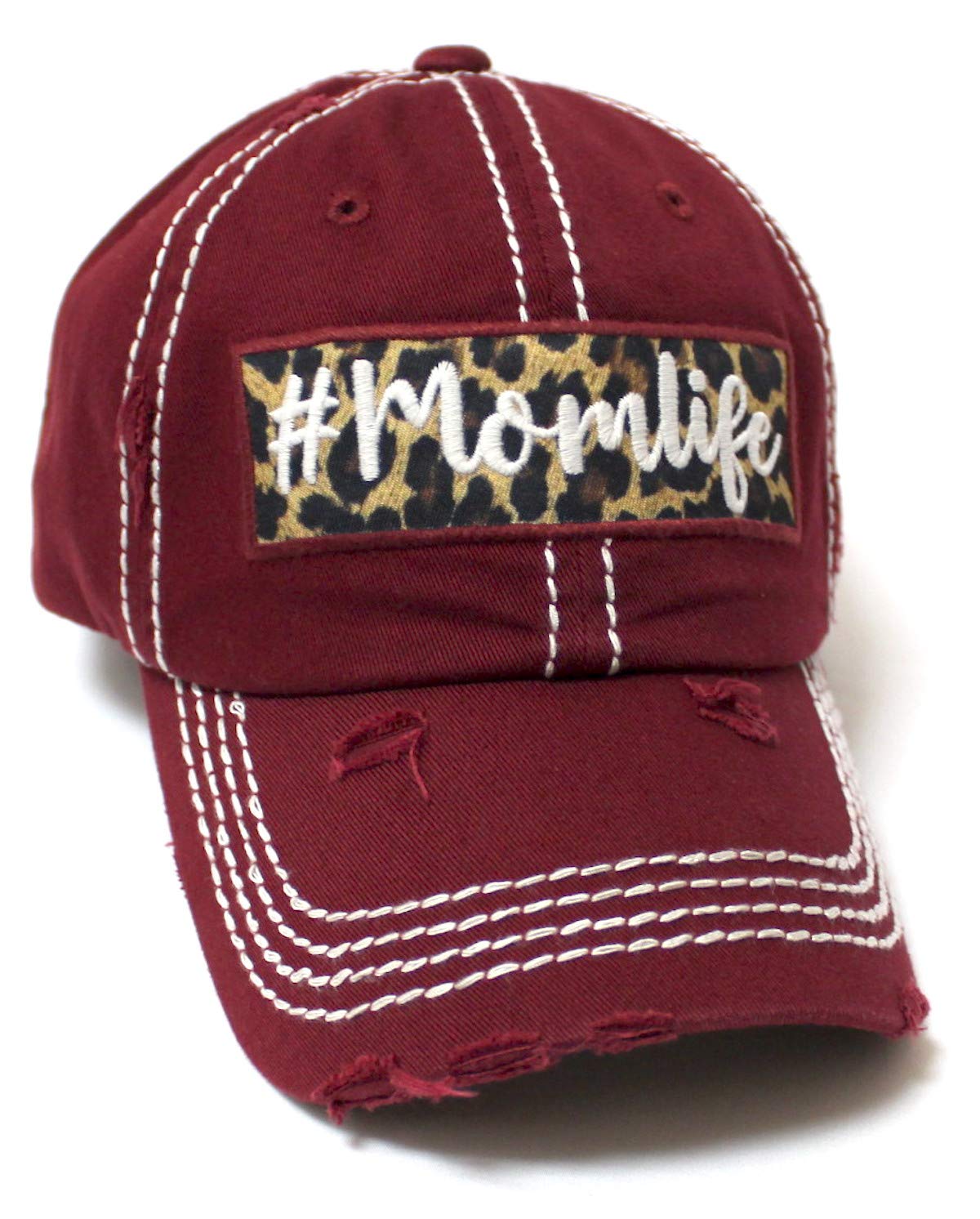 CAPS 'N VINTAGE Women's Distressed Cap # Momlife Leopard Print Patch Embroidery Monogram Hat, Wine Burgundy - Caps 'N Vintage 