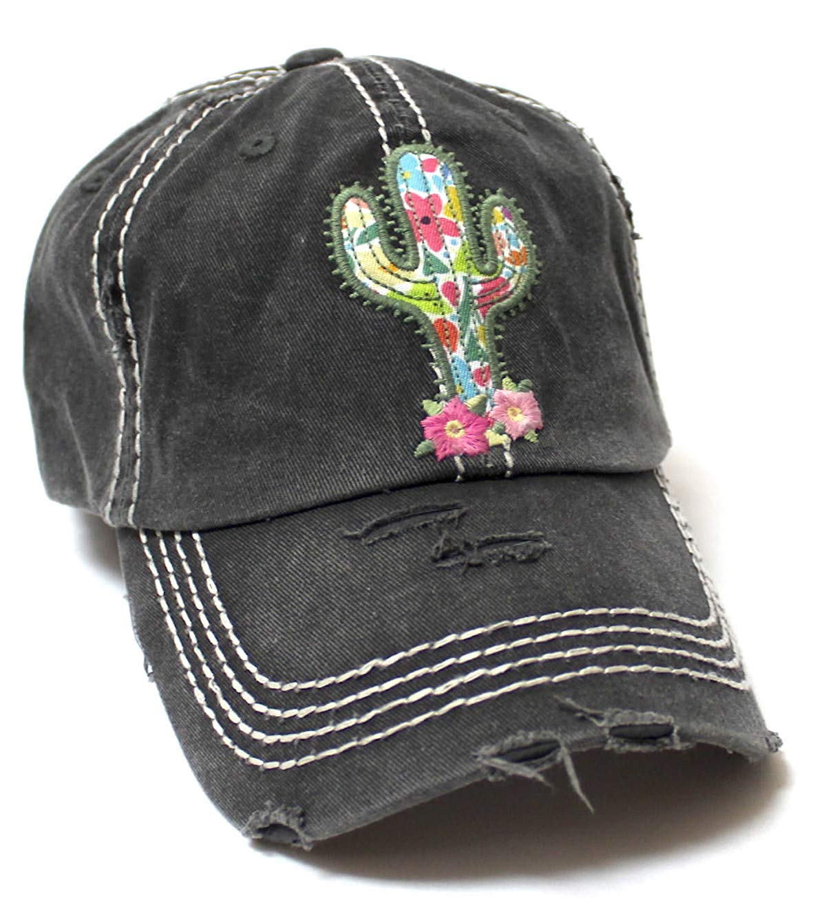 Cactus Floral Patchwork Embroidery Baseball Cap w/Monogram Bloom Detail, Charcoal - Caps 'N Vintage 