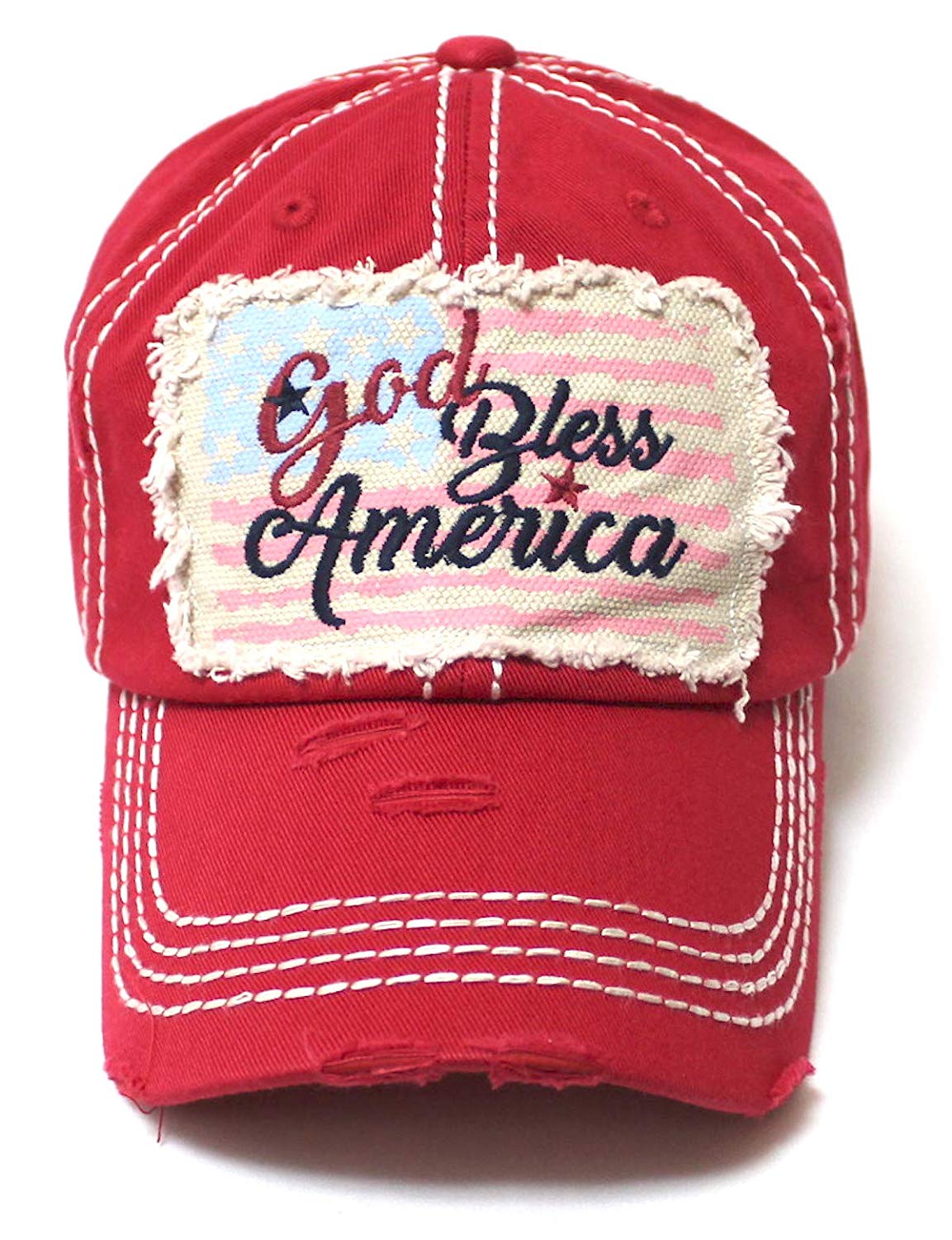 CAPS 'N VINTAGE July 4 Celebratory USA Flag Patch God Bless America Embroidery Ballcap, Ruby Red - Caps 'N Vintage 